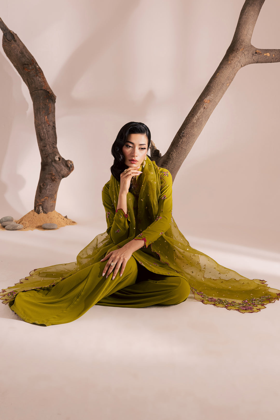 Pakistani woman in an olive-green embroidered khaddar outfit with matching dupatta and trousers, styled for a festive day look. Elegant South Asian ready-to-wear ensemble by Batik - affordable, premium quality, and shipping worldwide