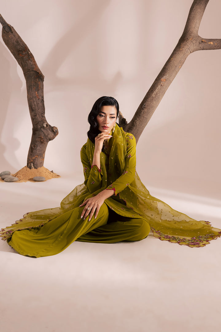Pakistani woman in an olive-green embroidered khaddar outfit with matching dupatta and trousers, styled for a festive day look. Elegant South Asian ready-to-wear ensemble by Batik - affordable, premium quality, and shipping worldwide
