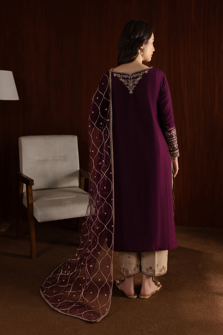 Rose Wine 3Pc - Embroidered Khaddar Dress