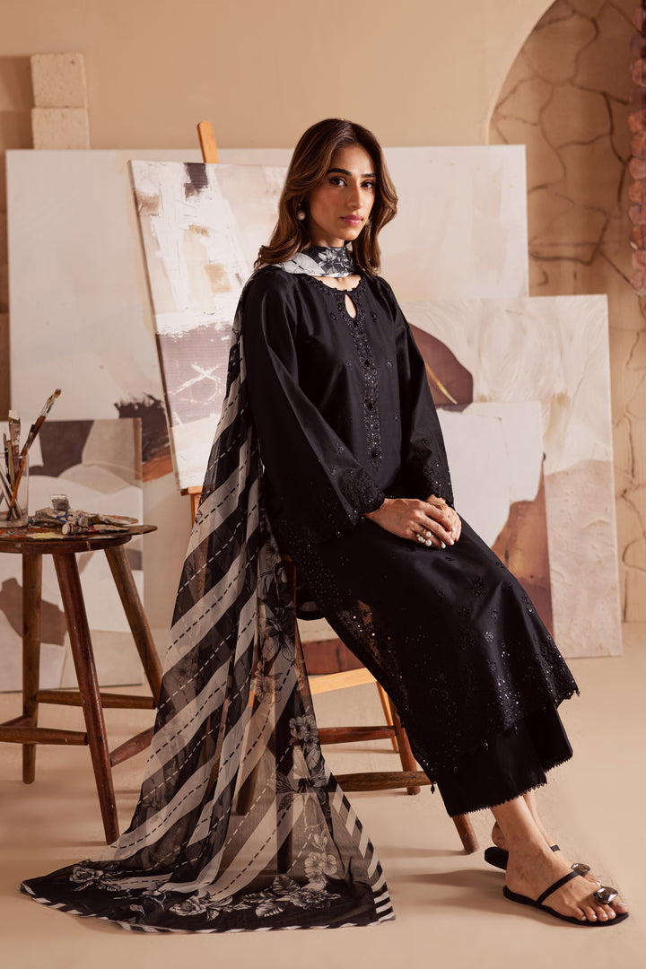 Dark Night 3Pc - Embroidered Lawn Dress