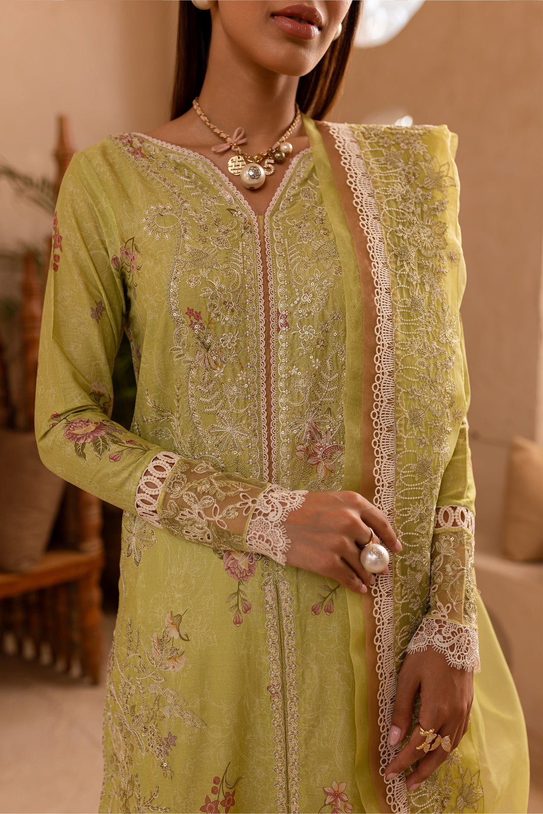 Minty Glaze 3Pc - Embroidered Luxe PRET - BATIK