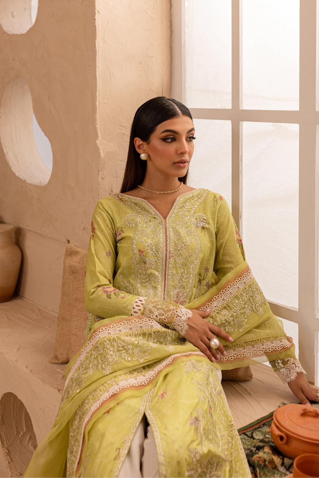 Minty Glaze 3Pc - Embroidered Luxe PRET - BATIK