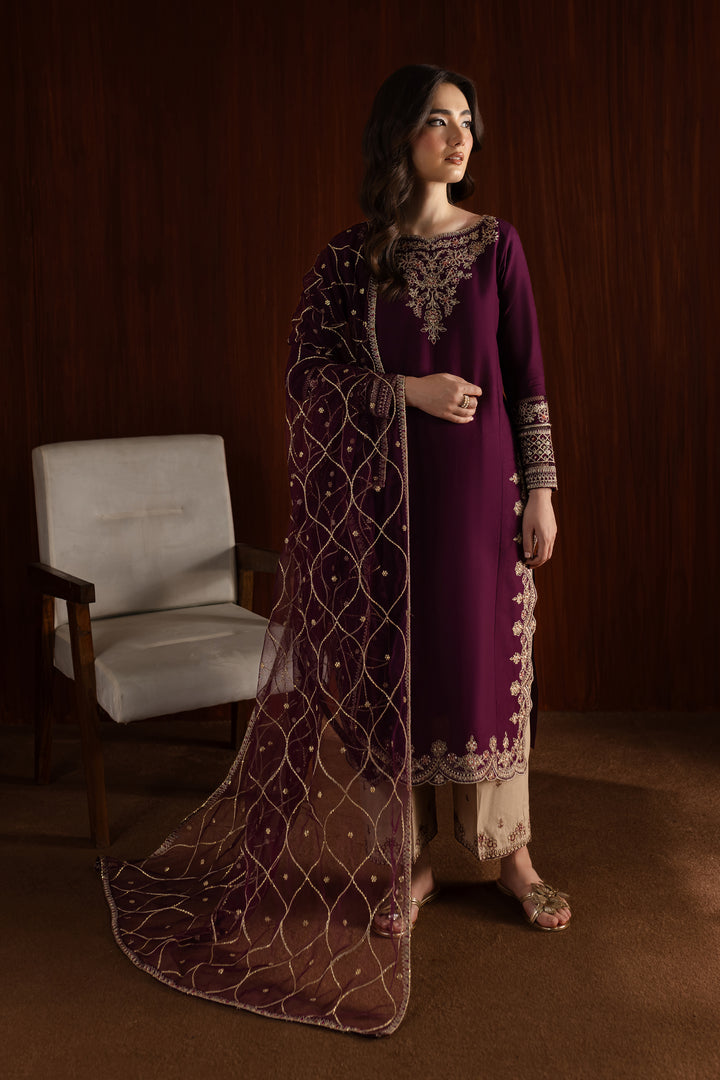 Rose Wine 3Pc - Embroidered Khaddar Dress