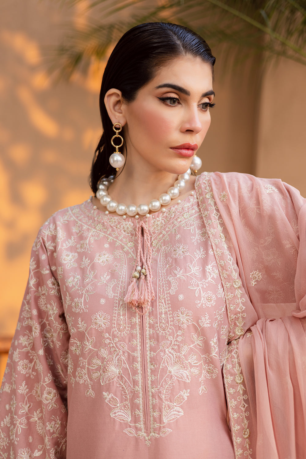 Elegant Pakistani ready-to-wear outfit in soft pink khaddar with intricate embroidery and lace finish, perfect for festive and semi-formal occasions