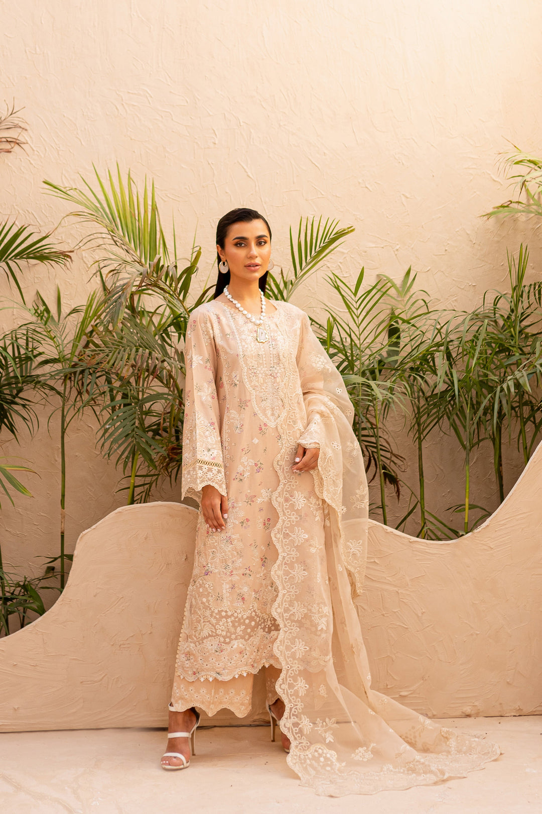 Ammar Peach 3Pc - Embroidered Luxe PRET - BATIK