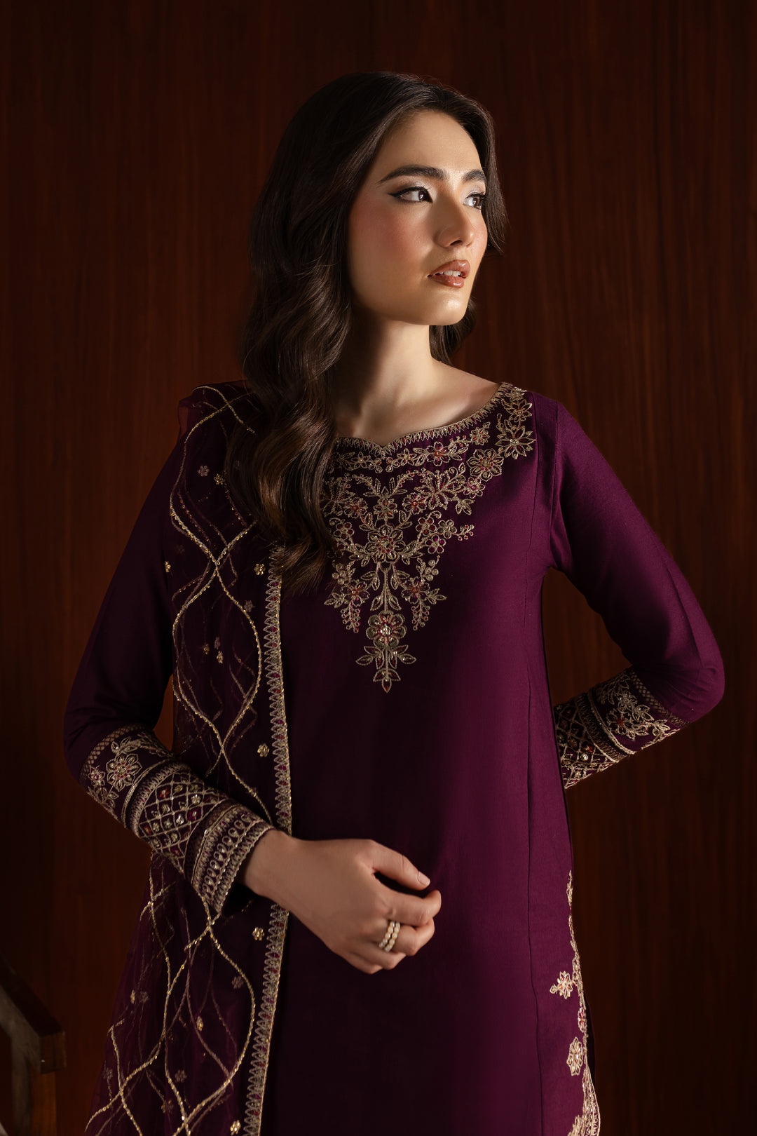 Rose Wine 3Pc - Embroidered Khaddar Dress