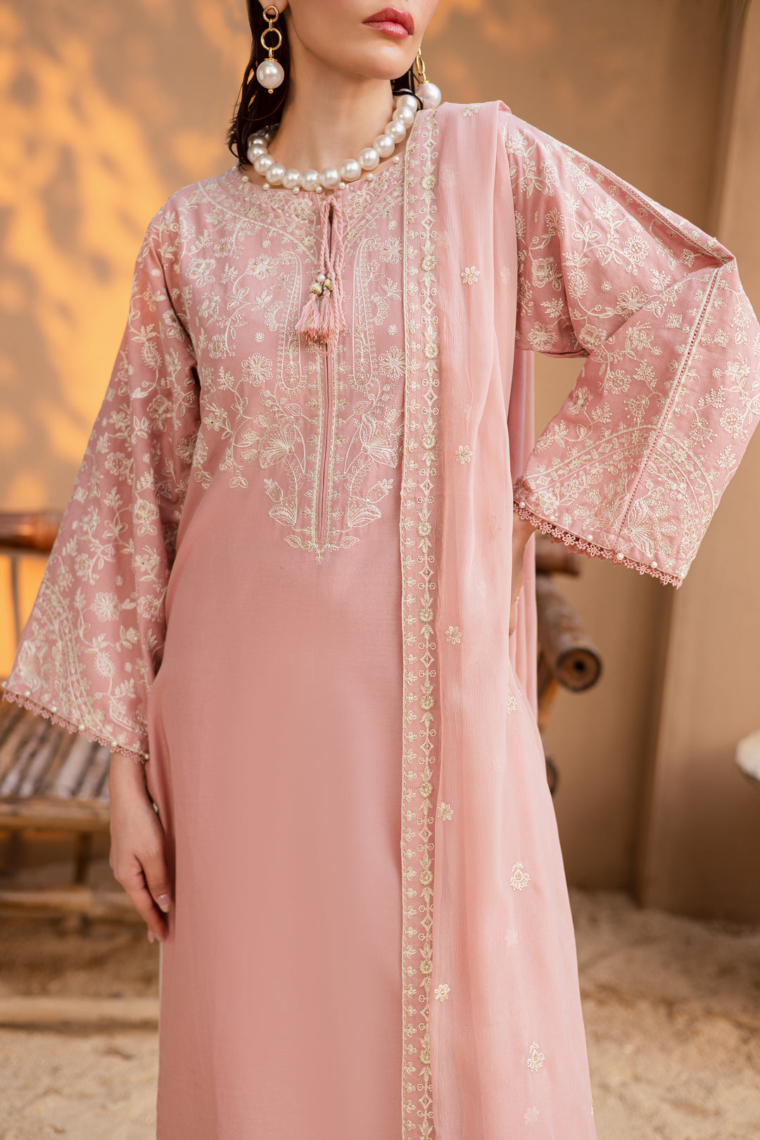 Pakistani festive wear khaddar 3-piece set featuring embroidered shirt, lace-finished dupatta, and refined detailing for modern women