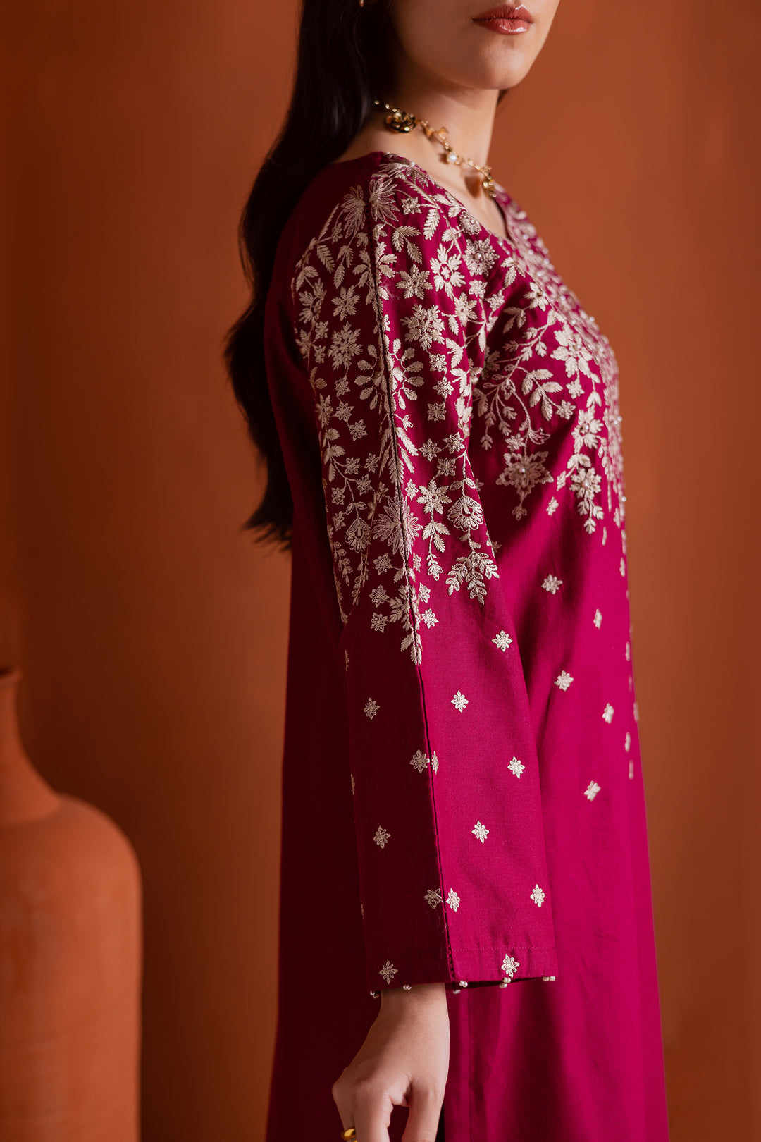 Cherry raspberry pink Pakistani ethnic outfit with embroidery and pearls, an affordable festive choice for South Asian women with quick UAE delivery
