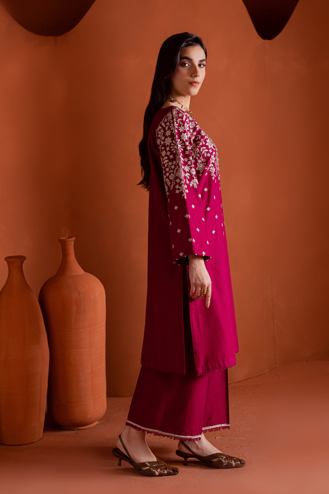 Pakistani party outfit for women in cherry raspberry pink khaddar, embroidered neckline and culottes, affordable festive fashion with fast shipping