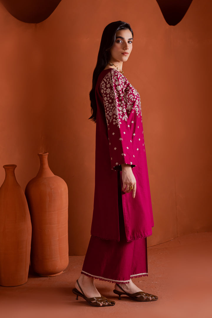 Pakistani party outfit for women in cherry raspberry pink khaddar, embroidered neckline and culottes, affordable festive fashion with fast shipping