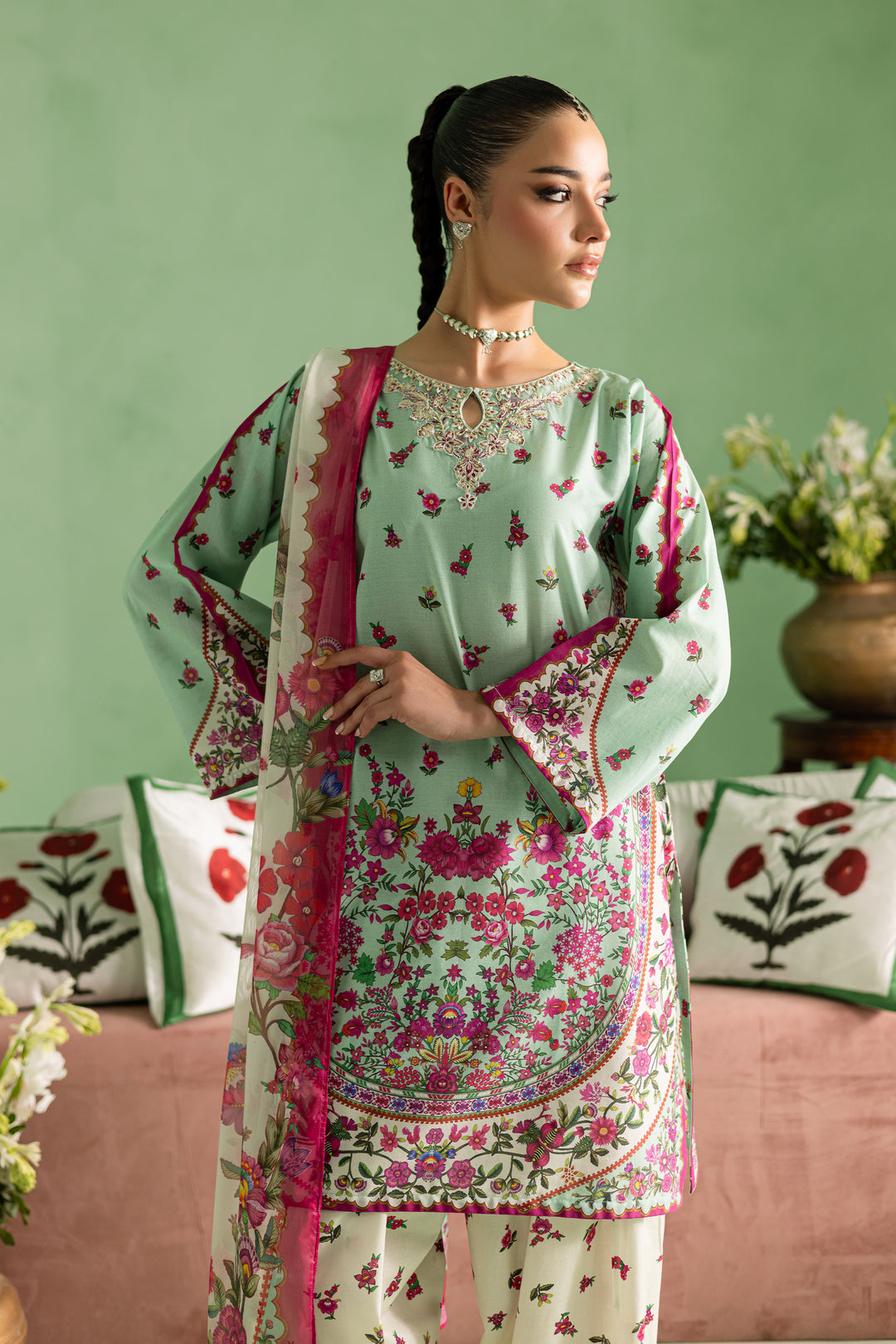Neena 3Pc - Printed Lawn Dress With Farshi Shalwar