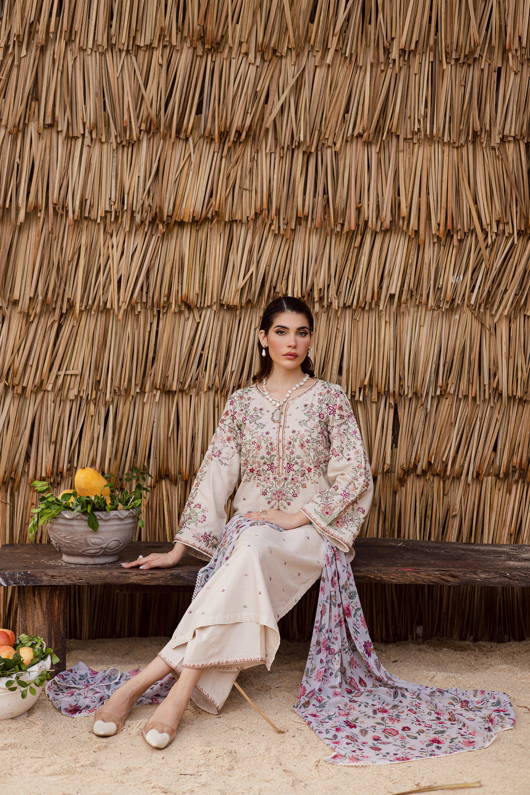 Modern festive Pakistani khaddar dress with embroidered shirt, culottes, and printed dupatta for effortless elegance