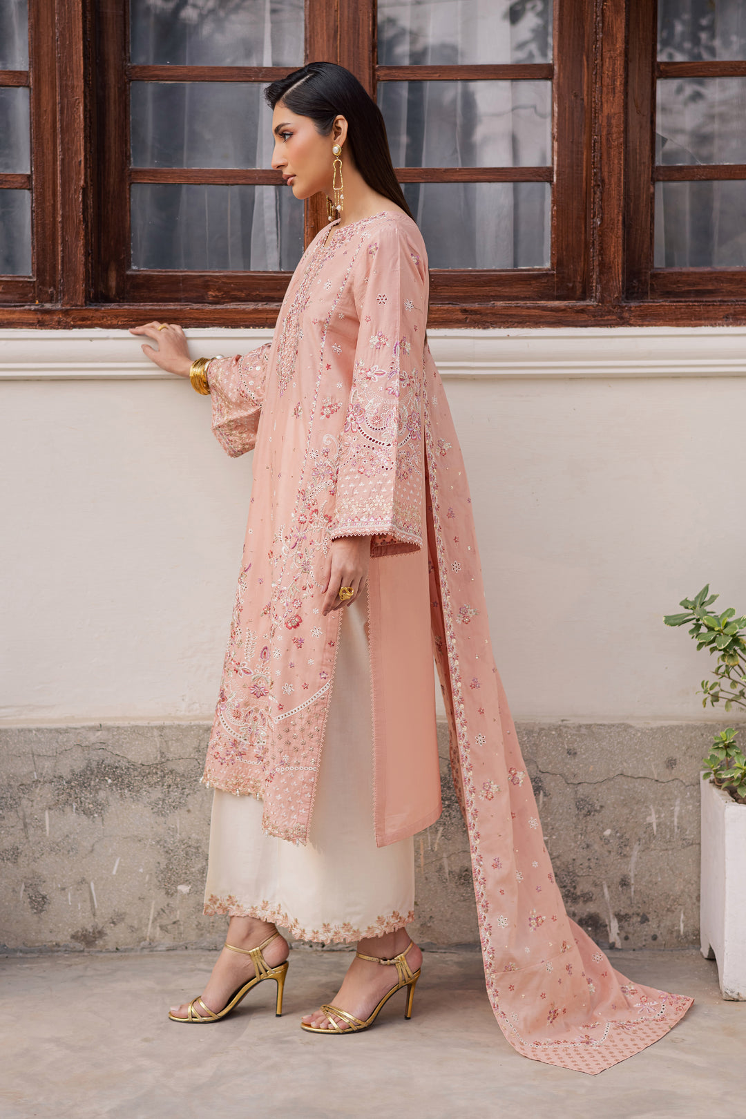 Peach Line 3Pc - Festive Embroidered Lawn
