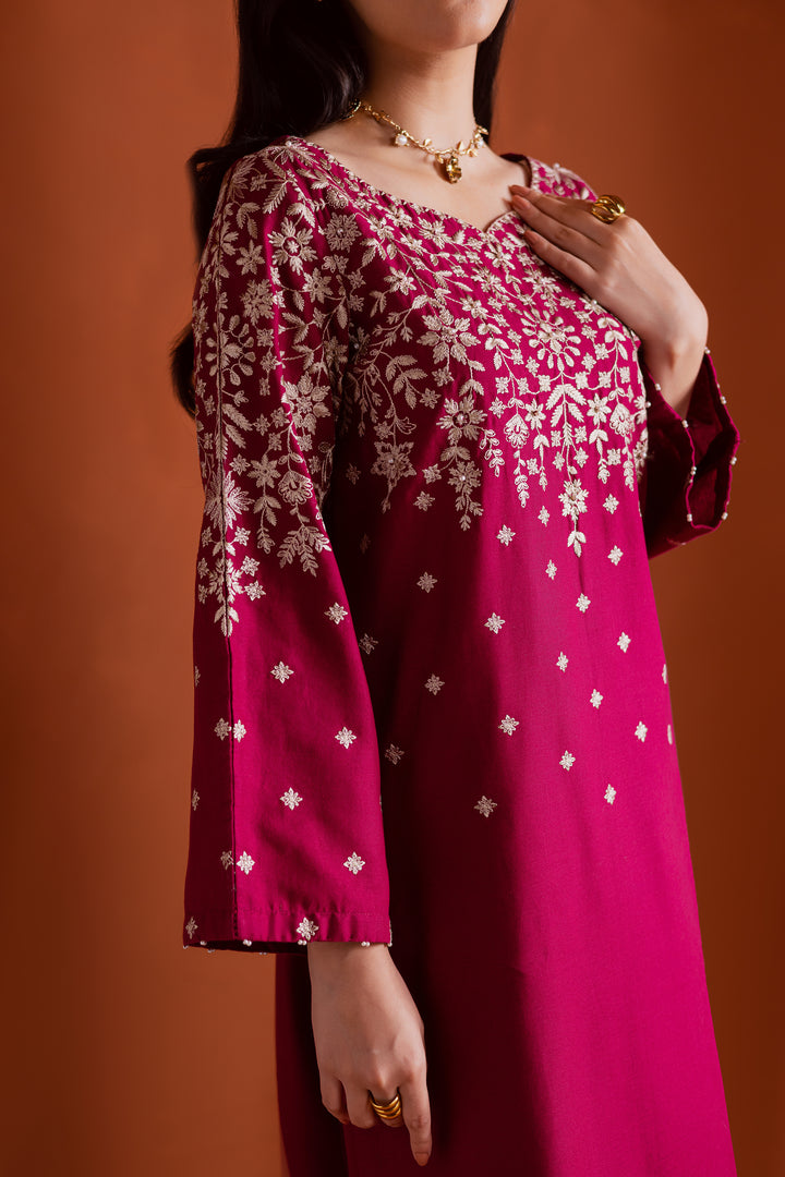 Ready to wear cherry pink embroidered khaddar two piece, perfect South Asian ethnic look for parties, elegant Pakistani wear with fast delivery