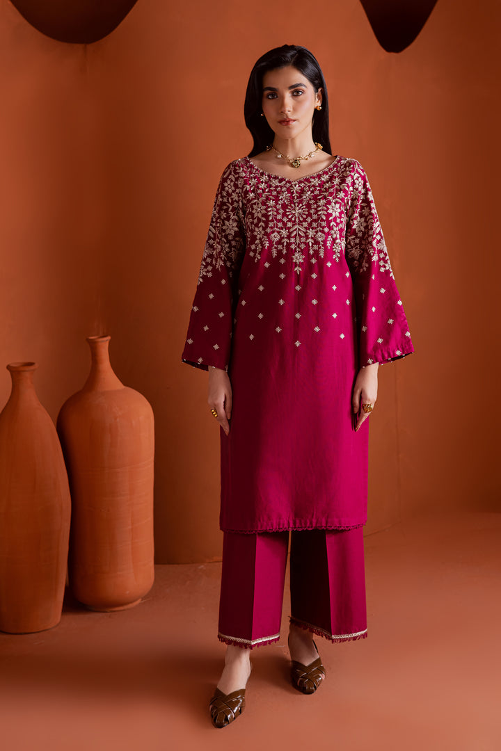 Raspberry pink embroidered khaddar two piece ethnic set with pearl detailing, elegant Pakistani festive wear with fast delivery across the UAE