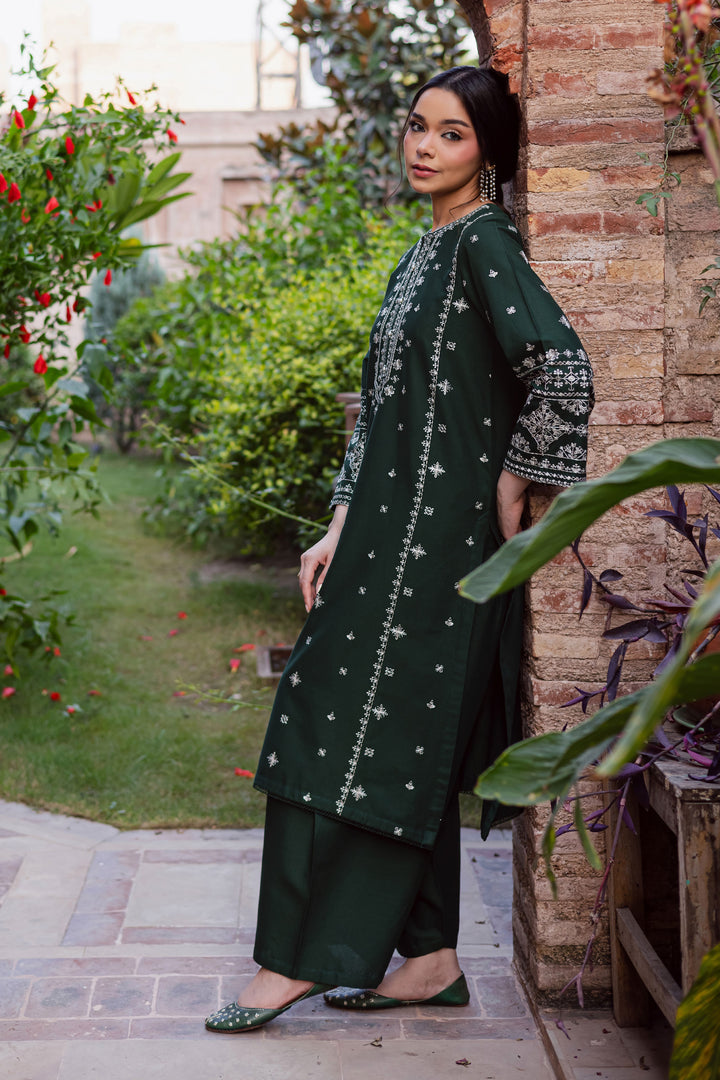 Rusty Green 2Pc - Embroidered Khaddar Dress