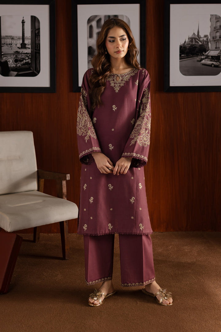 Mauve Plum 2Pc - Embroidered Khaddar Dress