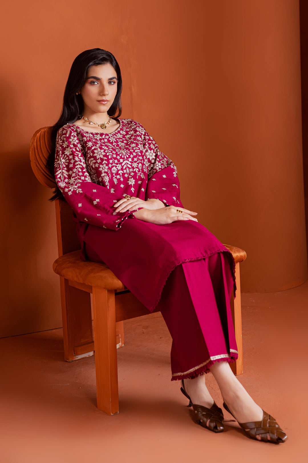 Cherry raspberry pink ethnic wear for women, two piece embroidered khaddar outfit ideal for Eid, parties and formal gatherings, with easy UAE wide delivery