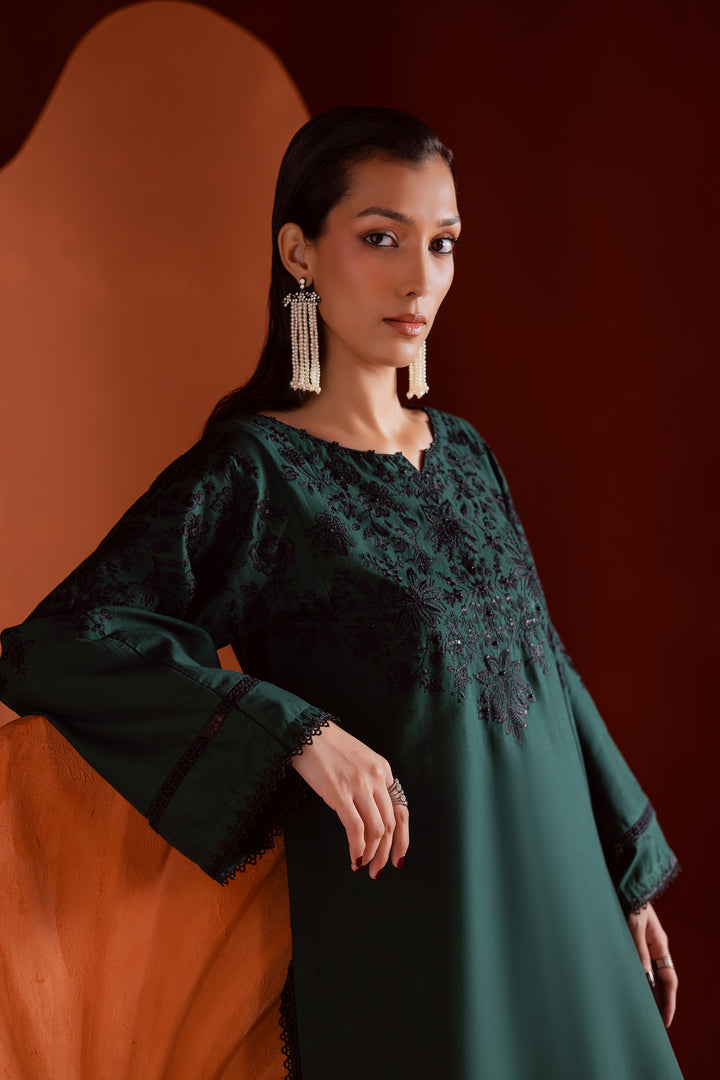 Detailed close-up of hand-embellished neckline and intricate black embroidery on emerald green khaddar - premium Pakistani ethnic fashion