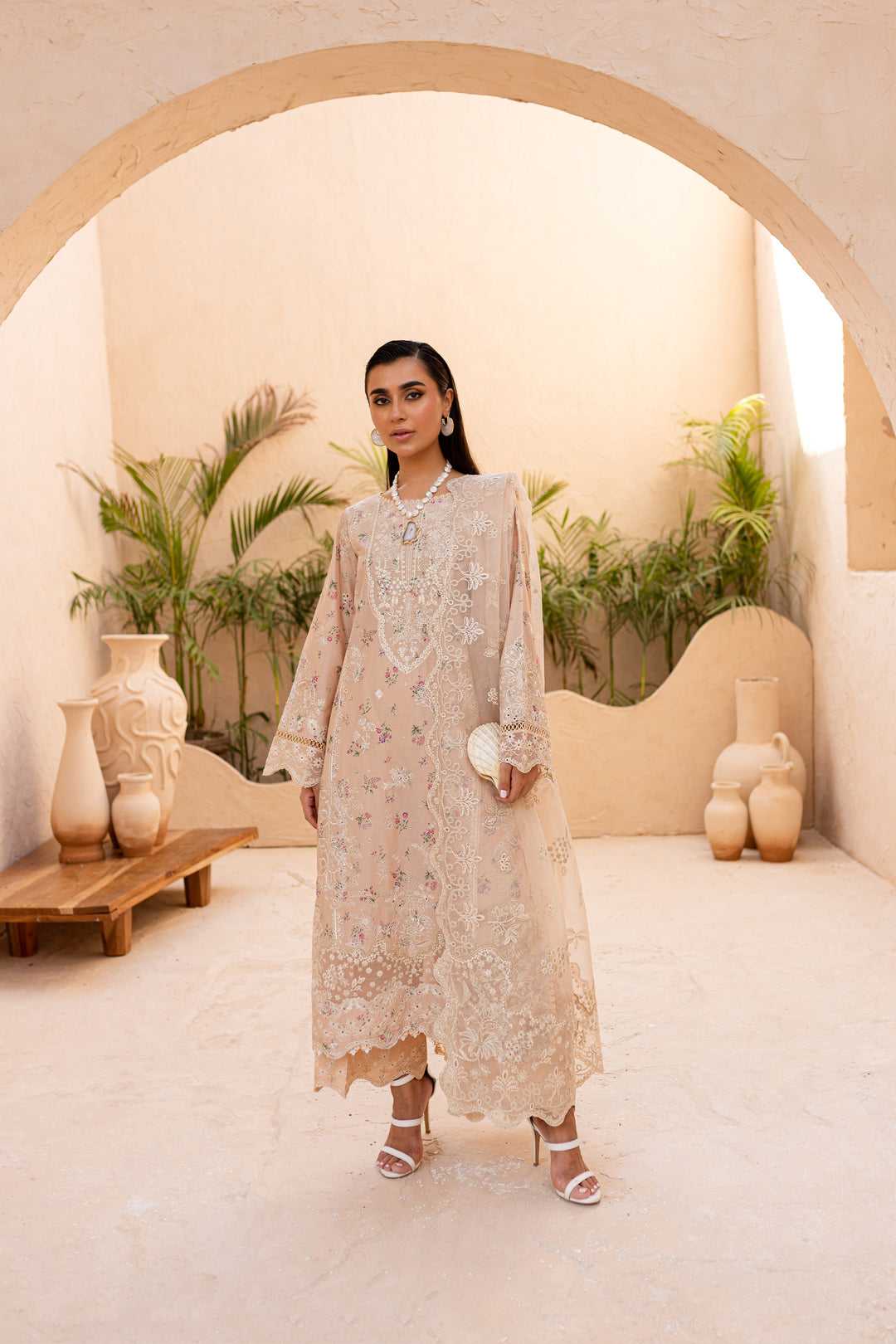 Ammar Peach 3Pc - Embroidered Luxe PRET - BATIK