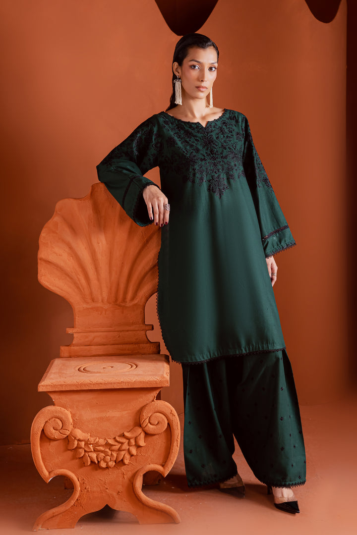 Full-length image of Dippit emerald green khaddar 2-piece - embroidered neckline and sleeves with minimal shalwar embroidery, perfect for everyday elegance