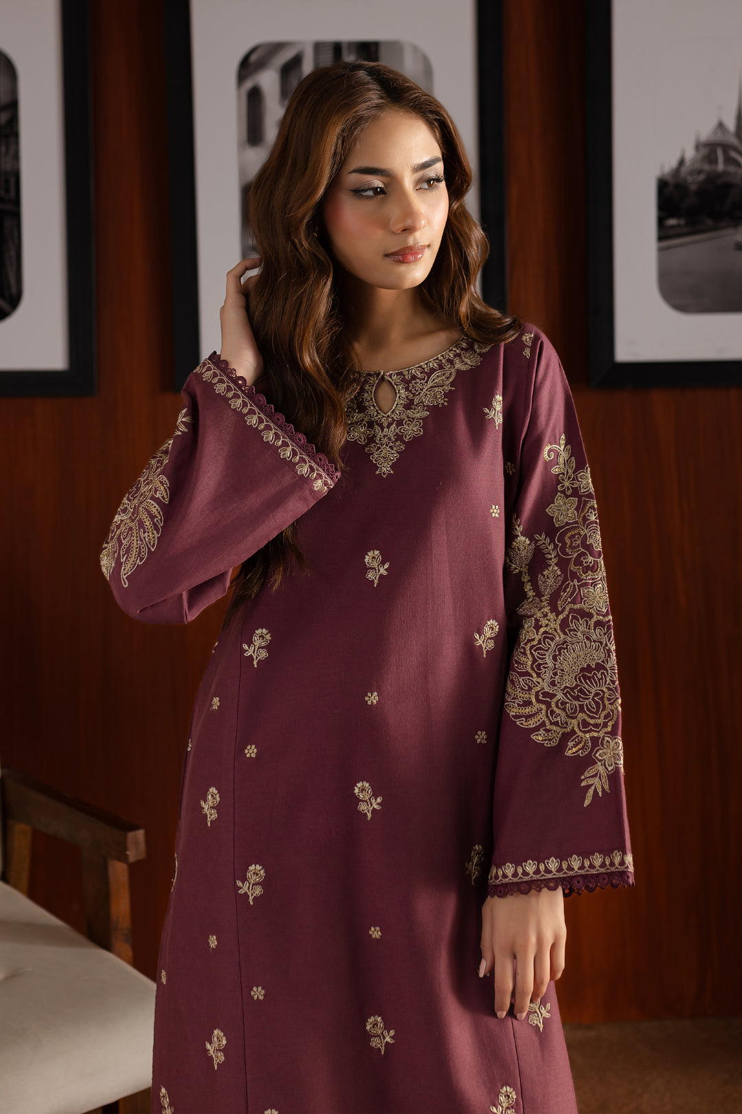 Mauve Plum 2Pc - Embroidered Khaddar Dress