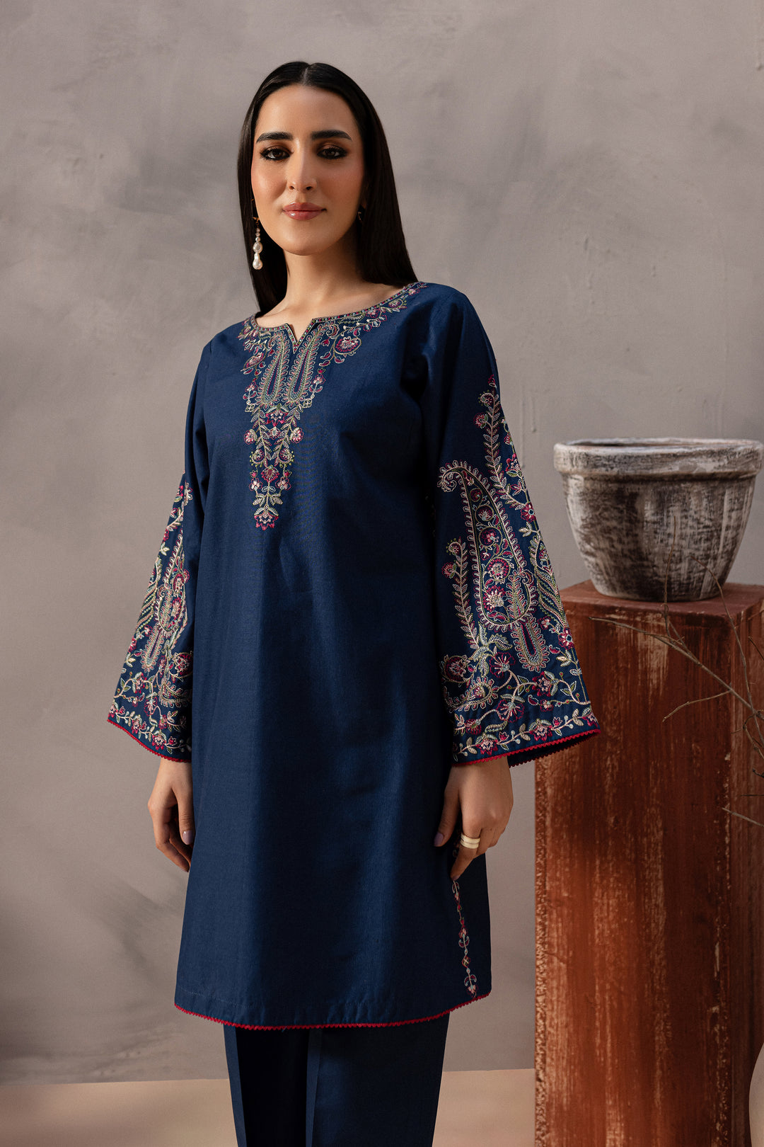 Ebony Blue 2Pc - Embroidered Khaddar Dress