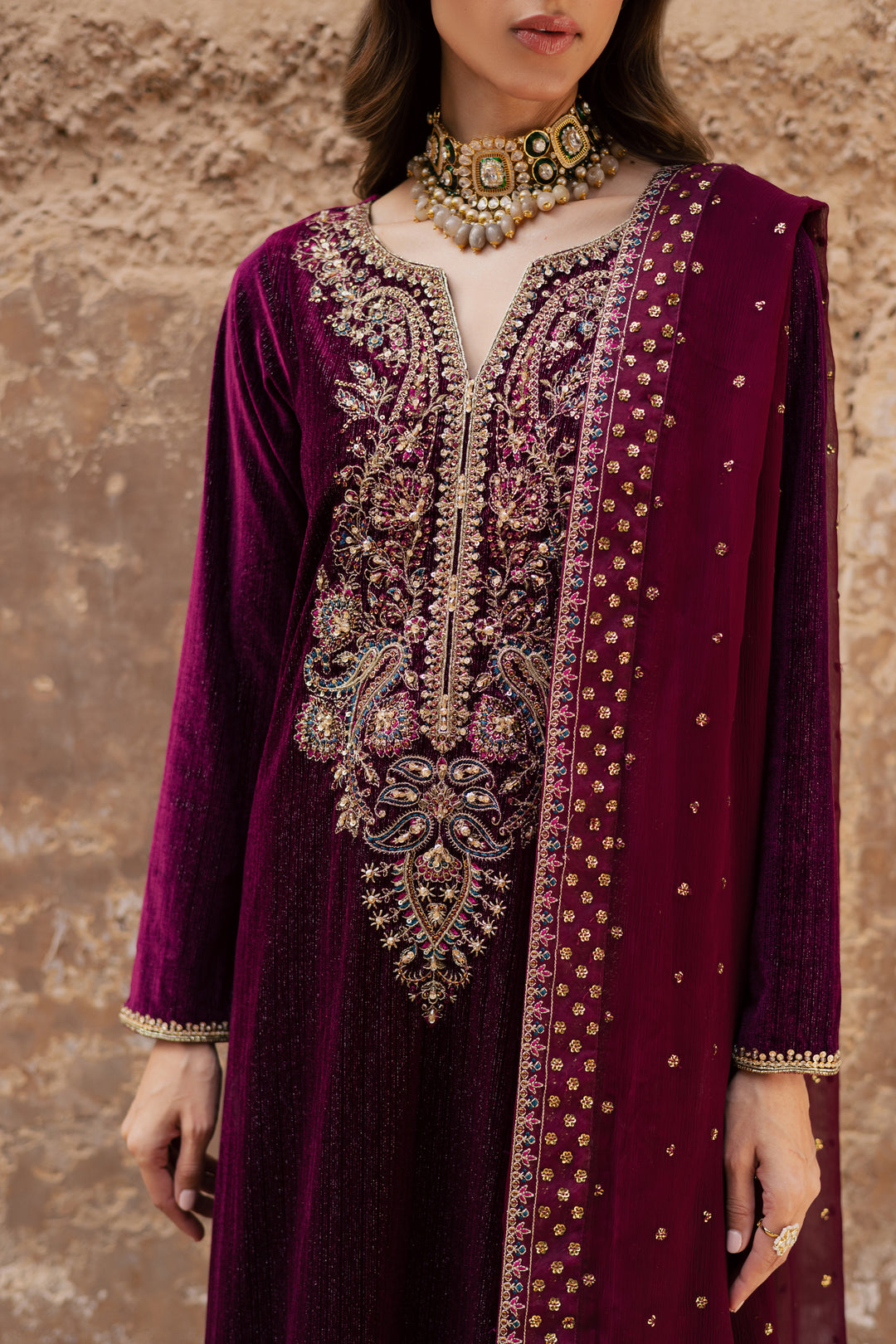 Maroon Aylin 3Pc - Velvet Formal Dress