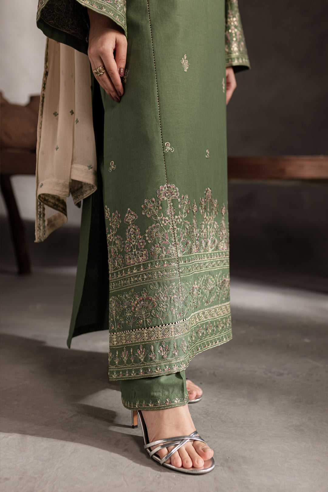 Sage Stone 3Pc - Embroidered Khaddar Dress