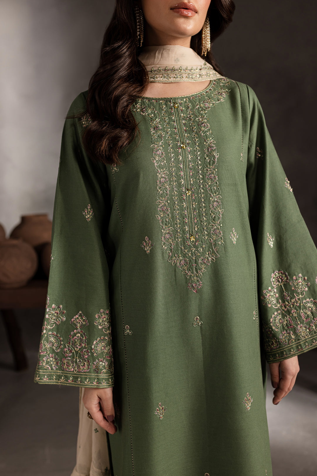 Sage Stone 3Pc - Embroidered Khaddar Dress