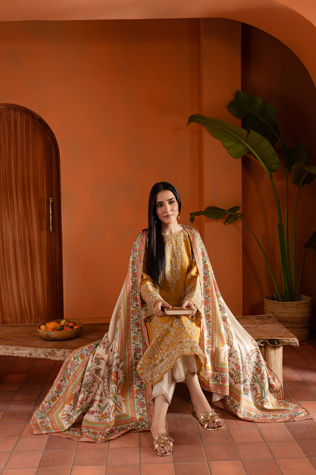 Gold Inarah 3Pc - Embroidered Khaddar Dress