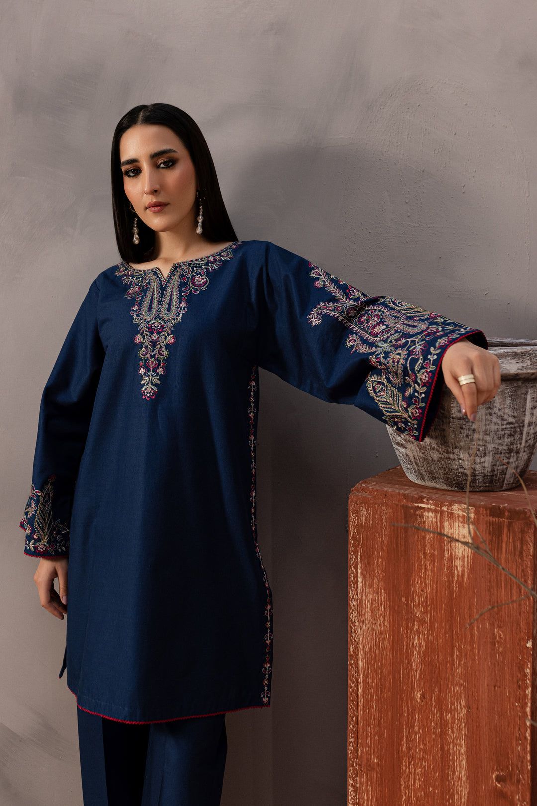 Ebony Blue 2Pc - Embroidered Khaddar Dress