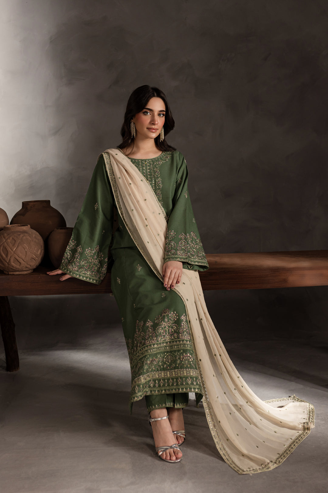 Sage Stone 3Pc - Embroidered Khaddar Dress