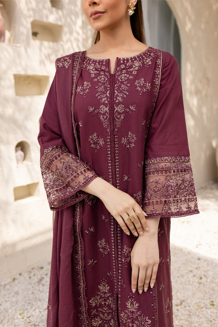 Mauve Paragon 3Pc - Embroidered Khaddar Dress