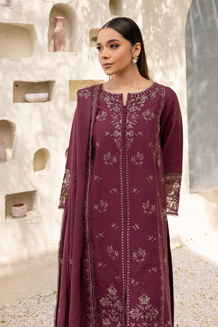 Mauve Paragon 3Pc - Embroidered Khaddar Dress