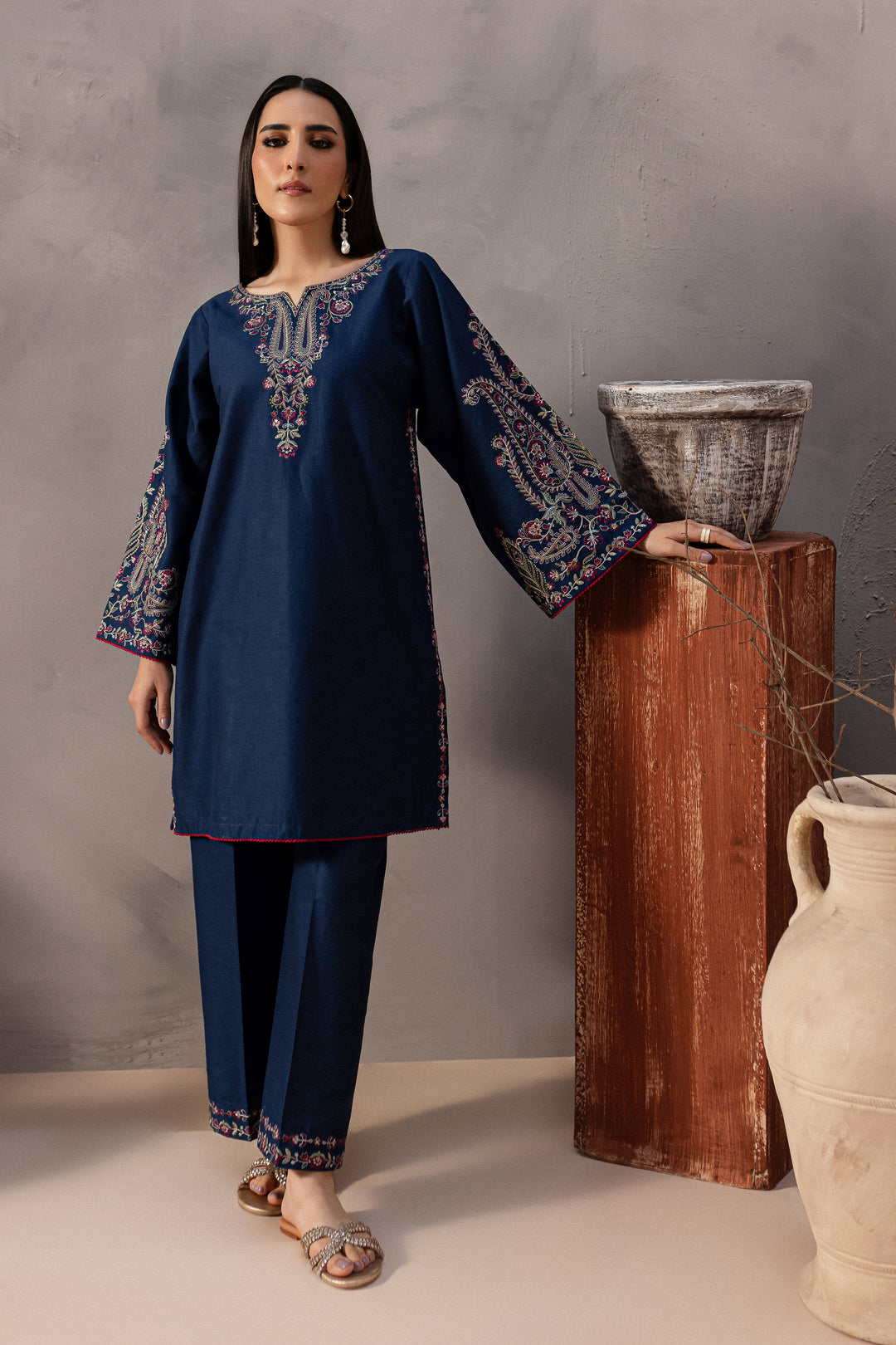 Ebony Blue 2Pc - Embroidered Khaddar Dress