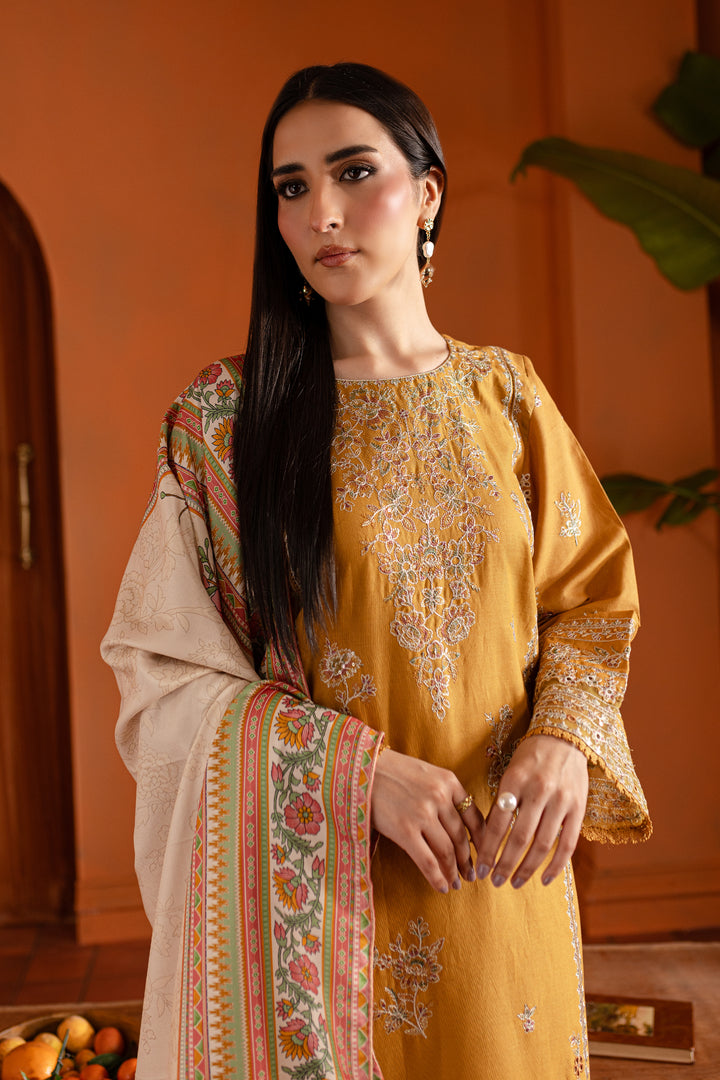 Gold Inarah 3Pc - Embroidered Khaddar Dress