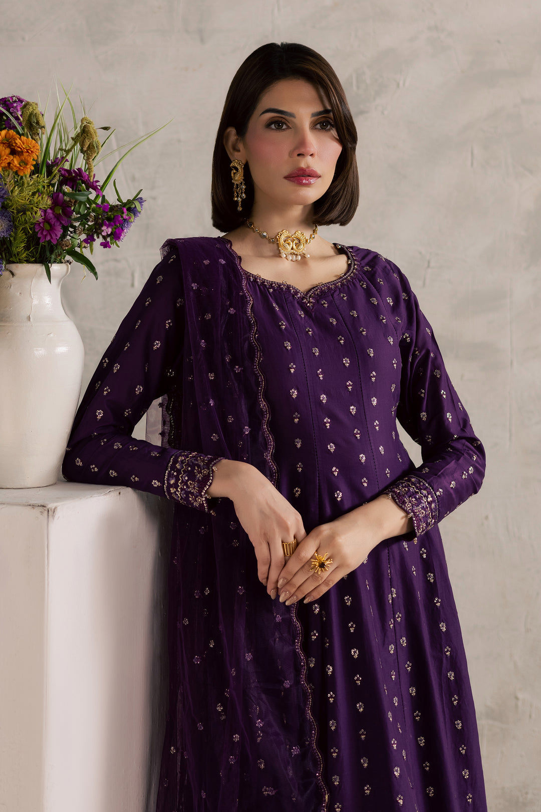 Purple Elaf 3Pc - Festive Embroidered Lawn