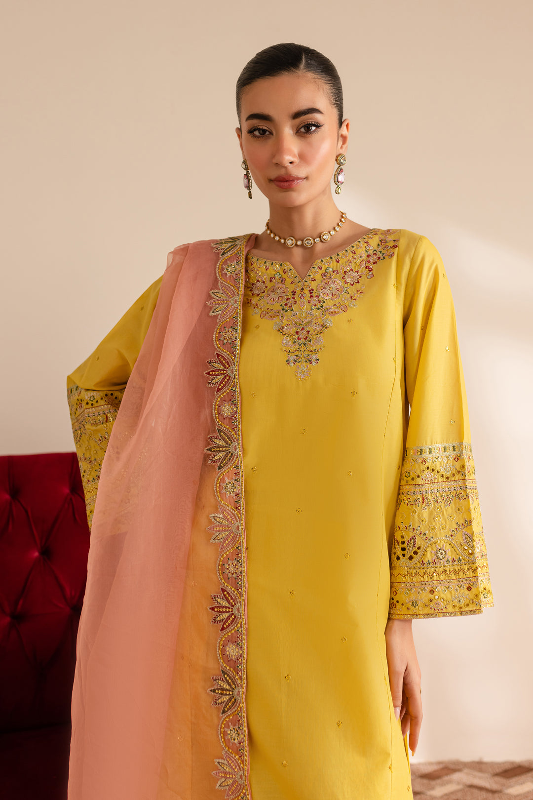 Crayola Yellow 3Pc - Embroidered Luxe Pret