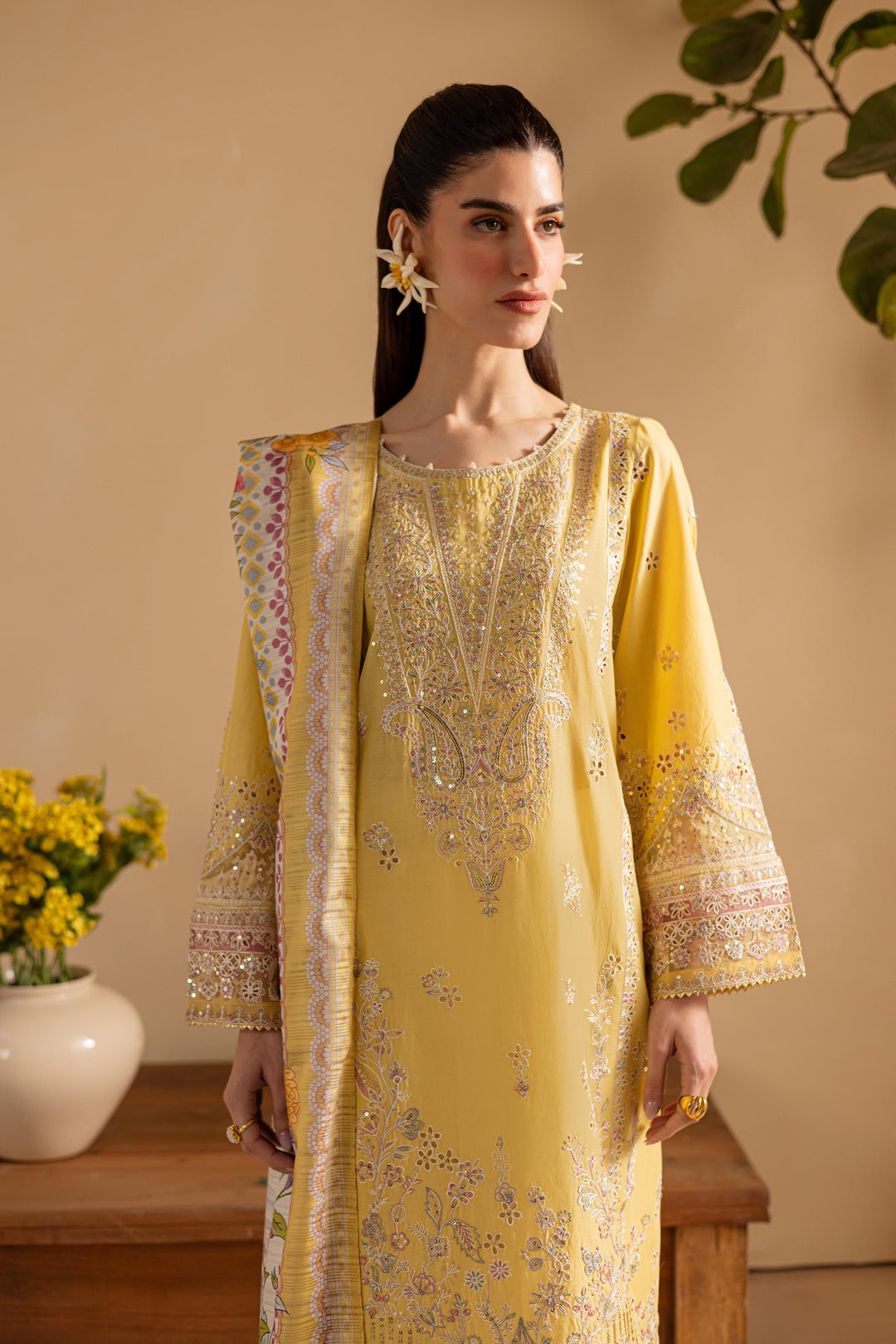 Lime Yellow 3Pc - Embroidered Luxe PIMA