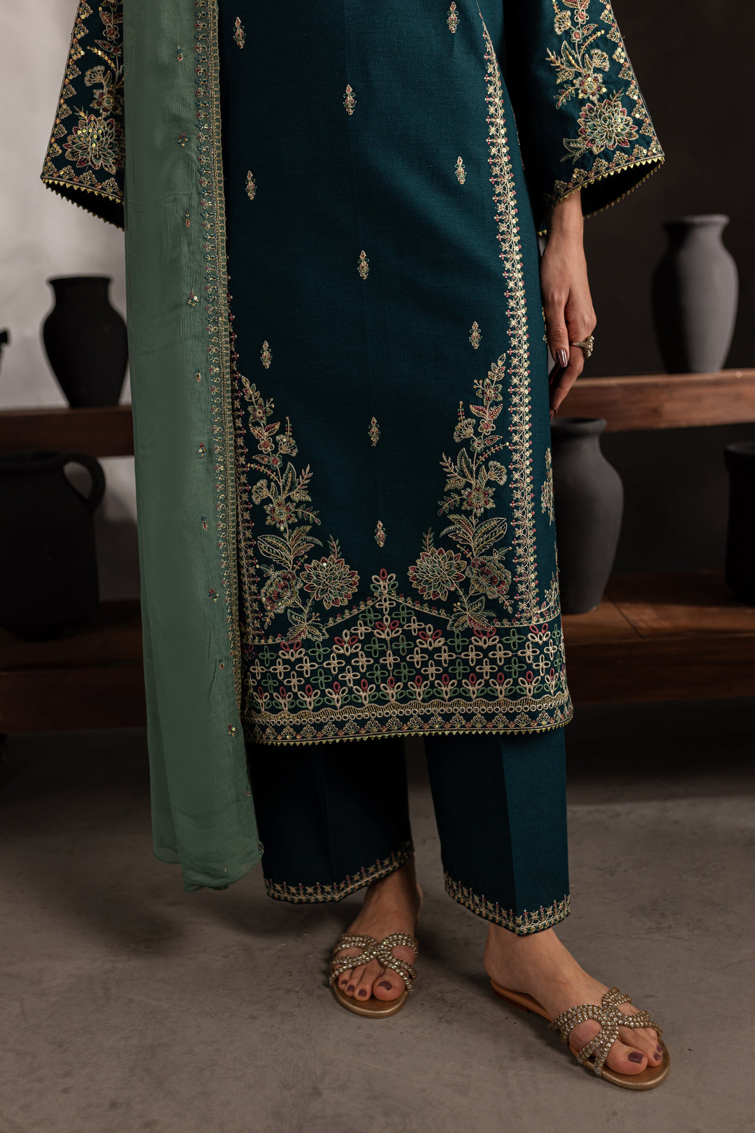 Dark Dew 3Pc - Embroidered Karandi dress