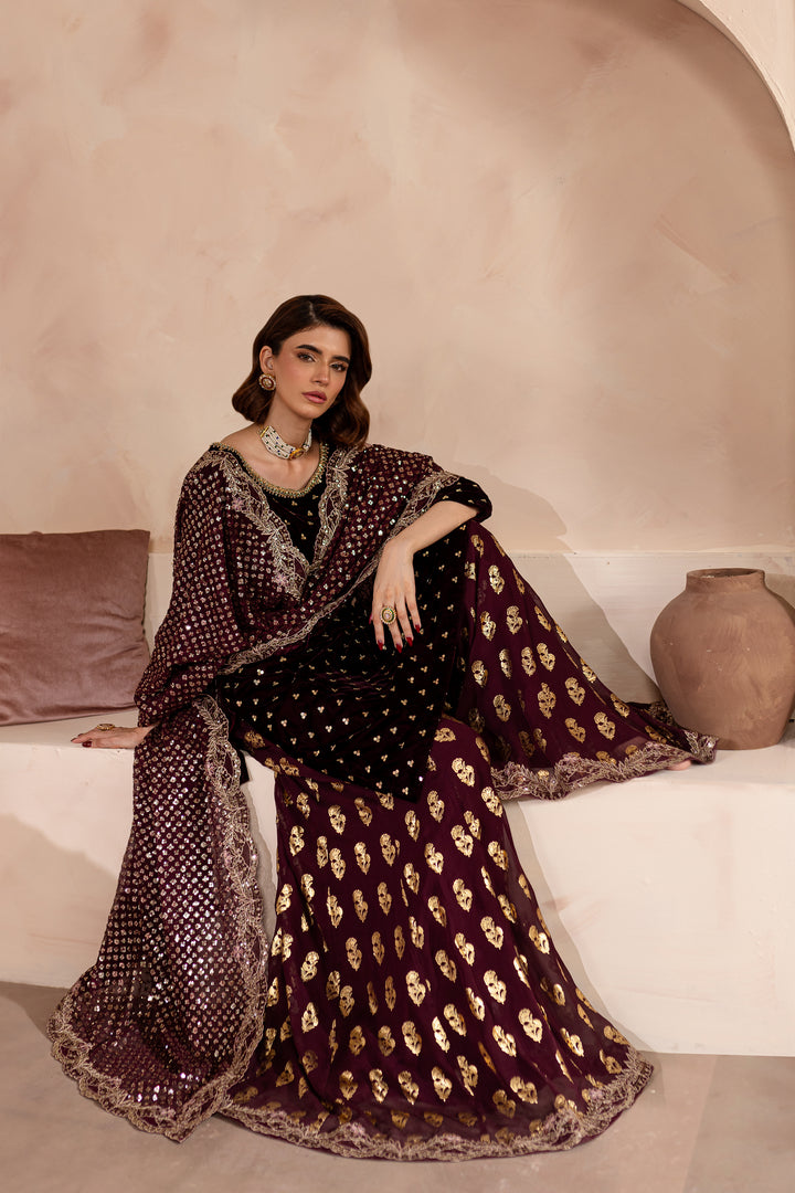 V. Maroon Amani 3Pc - Embroidered Luxe PRET