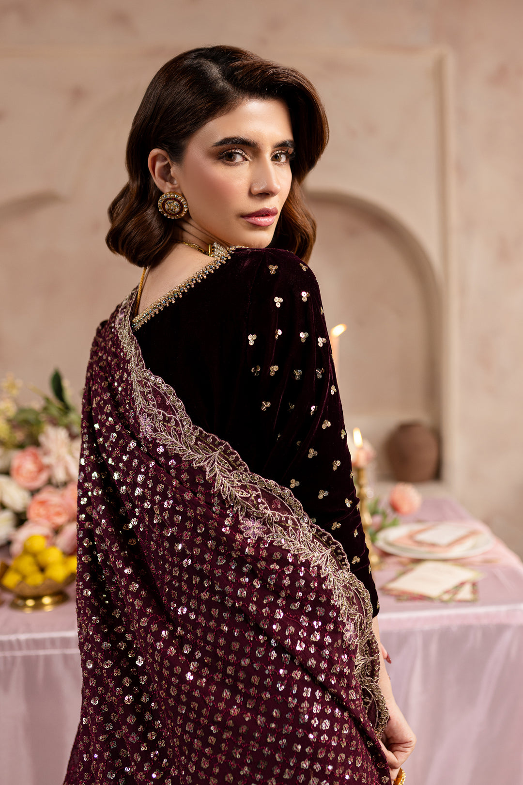 V. Maroon Amani 3Pc - Embroidered Luxe PRET