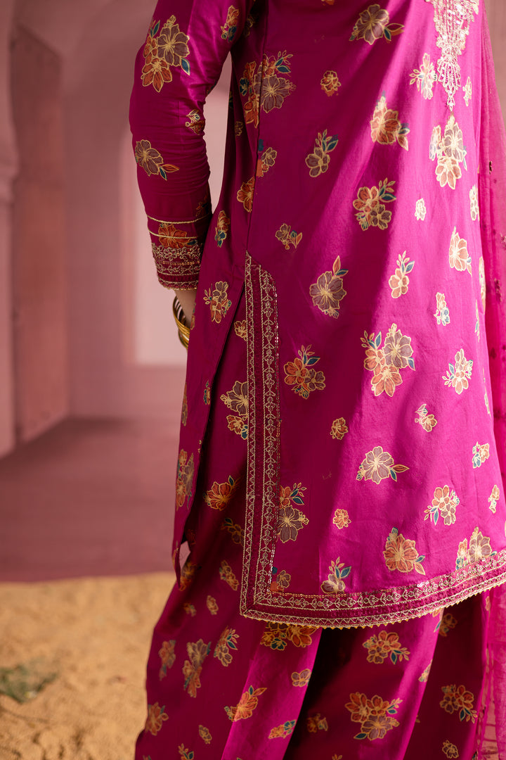 Meeka 3Pc- Printed Lawn Dress With Farshi Shalwar