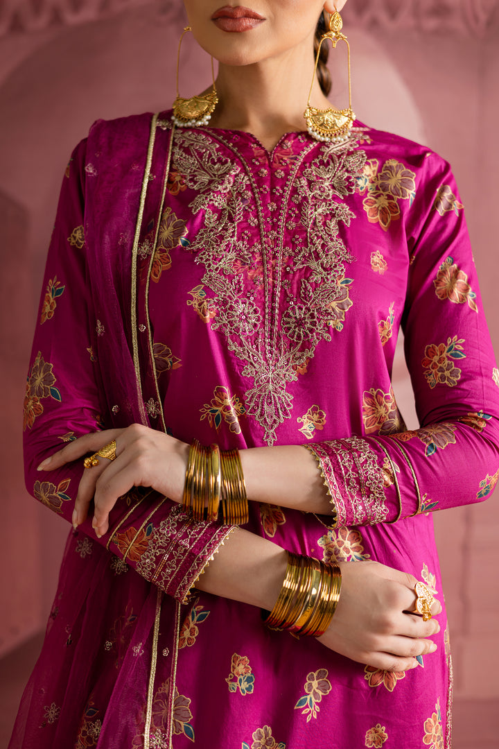 Meeka 3Pc- Printed Lawn Dress With Farshi Shalwar