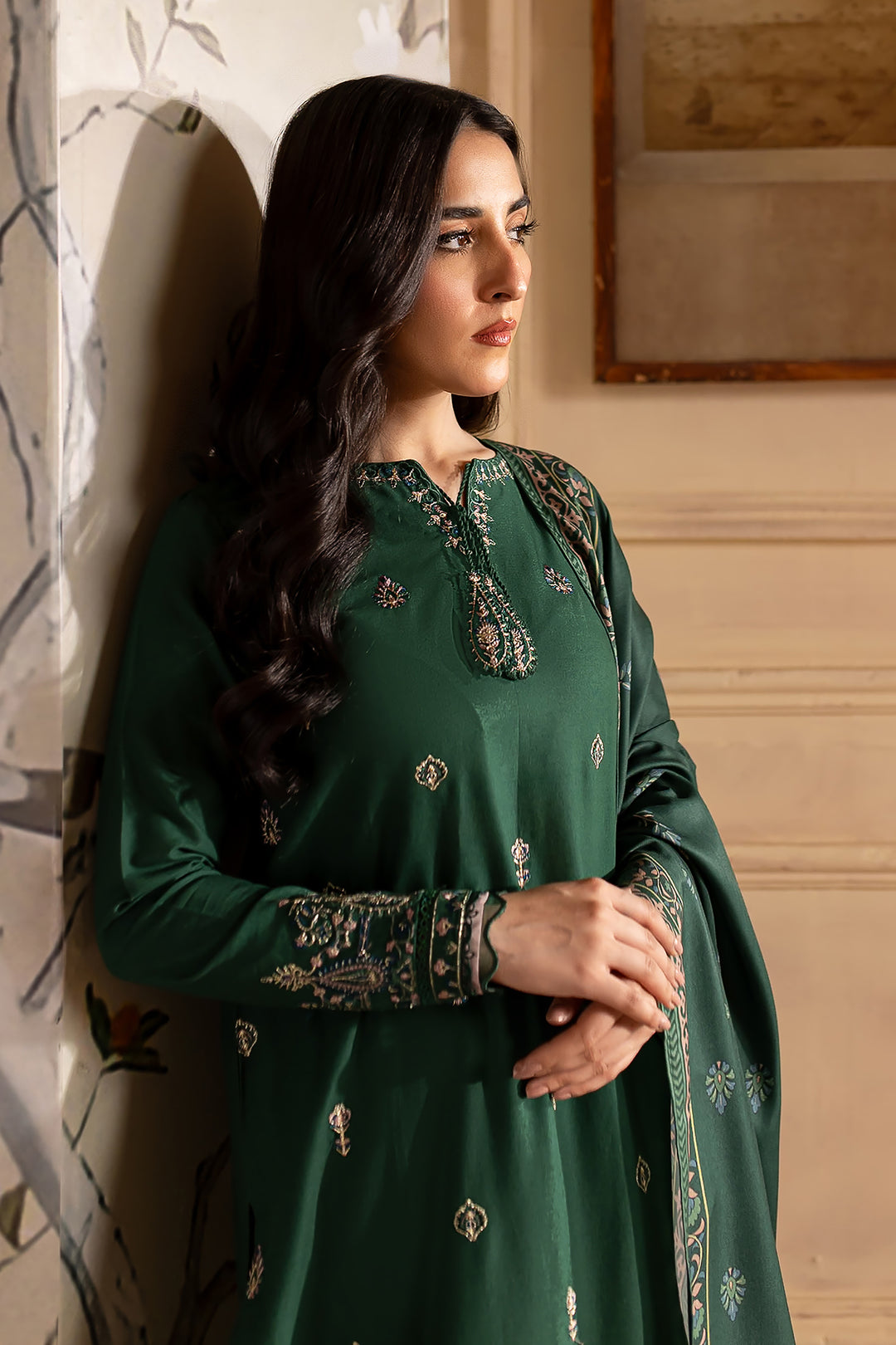 Green Sam 3Pc - Embroidered Khaddar Dress