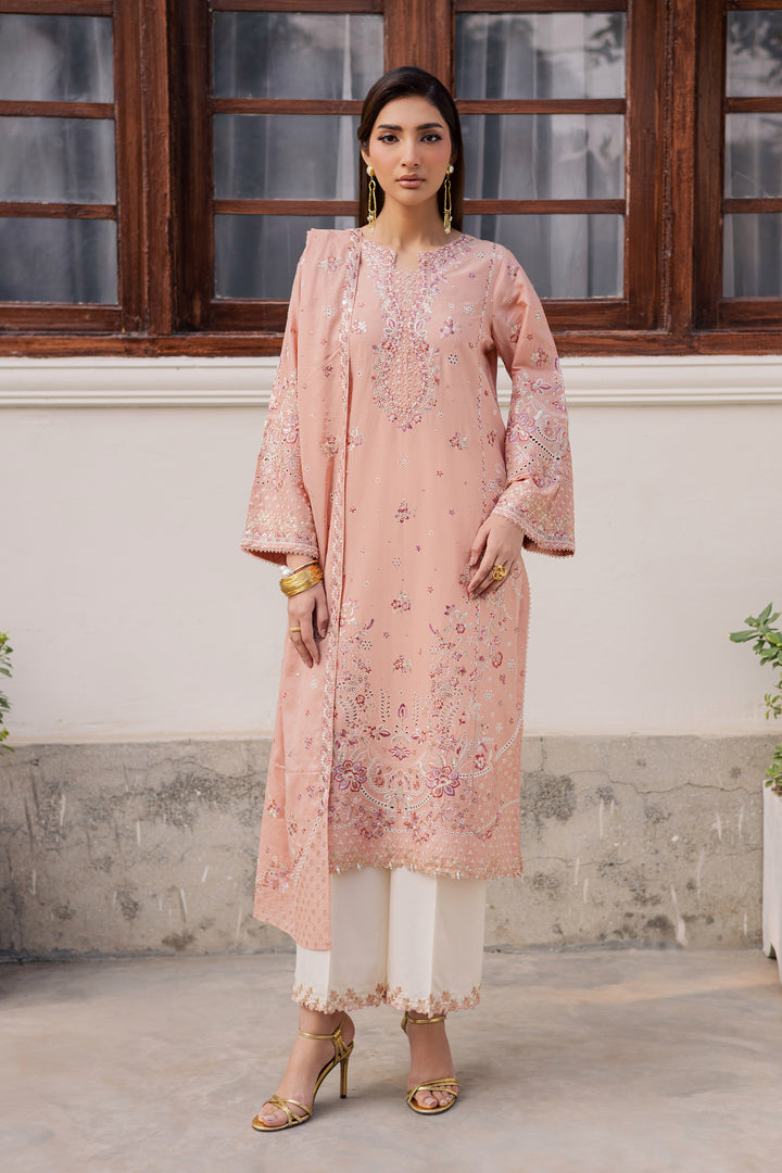 Peach Line 3Pc - Festive Embroidered Lawn