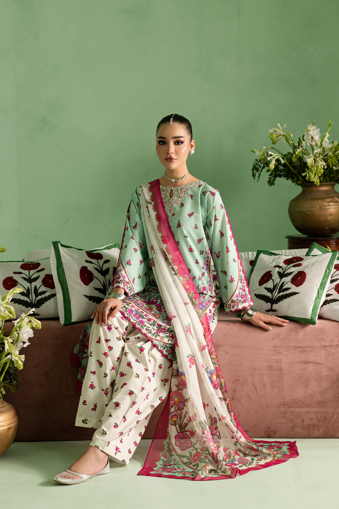 Neena 3Pc - Printed Lawn Dress With Farshi Shalwar