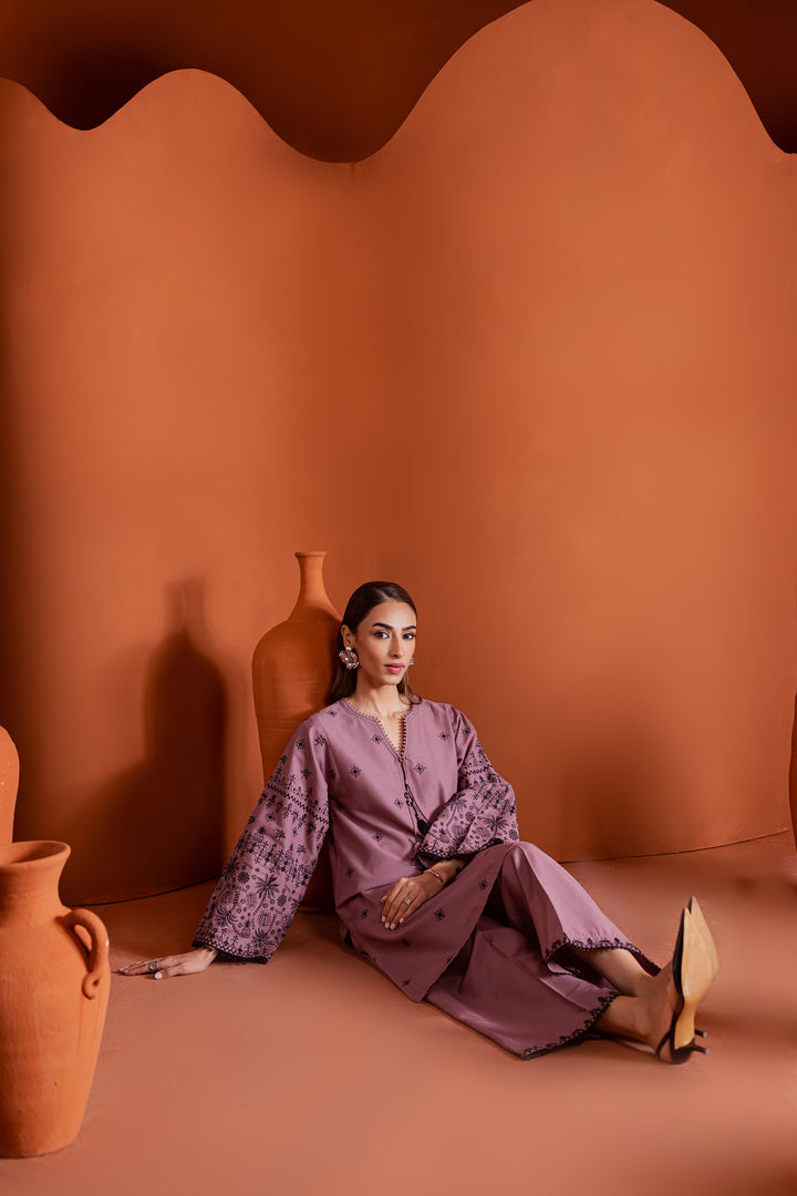 Model showcasing a modern Pakistani 2-piece khaddar outfit in onion pink with detailed embroidery and flared sleeves. A timeless blend of traditional craftsmanship and contemporary design for women across UAE, US, and beyond