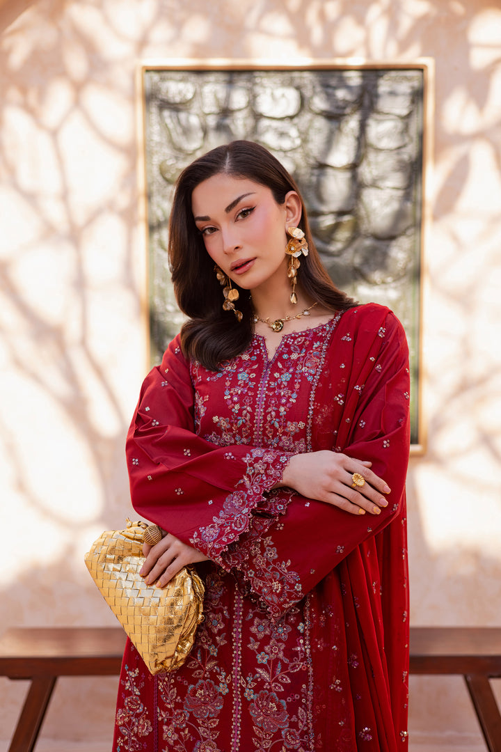 Red Delight 3Pc - Festive Embroidered Lawn